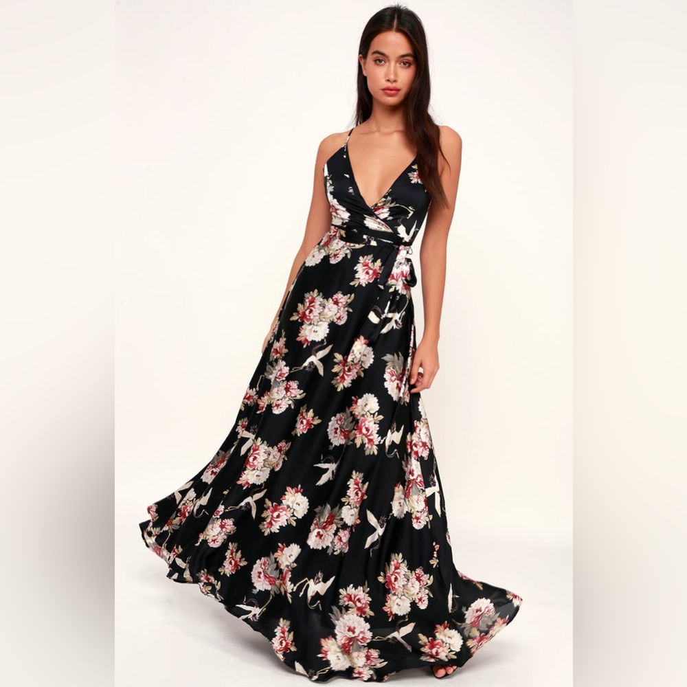 NWT Lulus Save Me a Dance Black Print Satin Maxi Dress